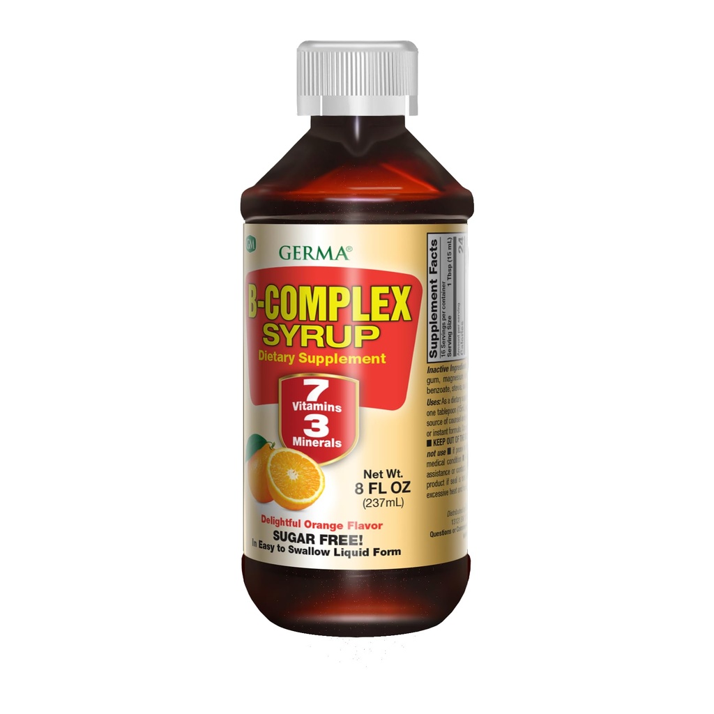 Germa B-Komplex Syrup. Nahrungsergänzung. Bone Health, Growth and Development Aid. Zuckerfrei. Orange Flavor. 8 Unze