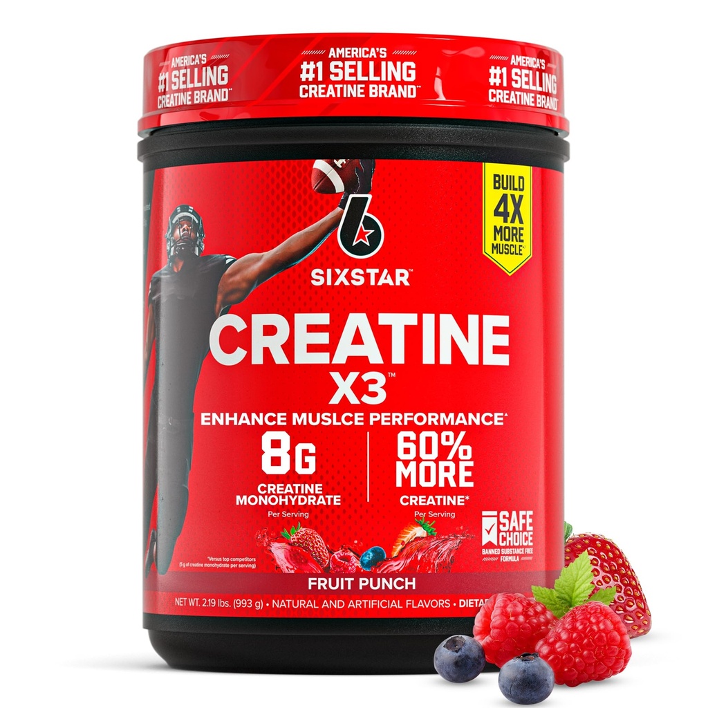 Poudre monohydratée à six étoiles en créatine, X3 (Fruit Punch) - Supplément monohydraté en poudre de créatine aromatisée pour la musculation et la performance - Supplément après entraînement pour les hommes et les femmes - 30 portions