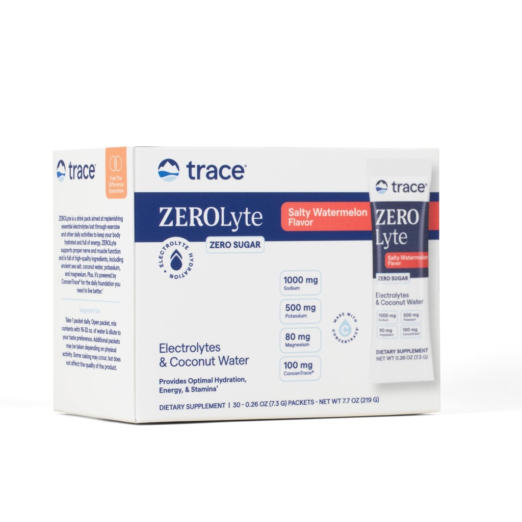 Trace Minerals ZeroLyte - Sodium & Electrolyte Rechargement - Energy & Hydratation Support Poudre de boisson - Nerve & Muscle Support de fonction - Pastèque salée, 30 Packets (30 portions)