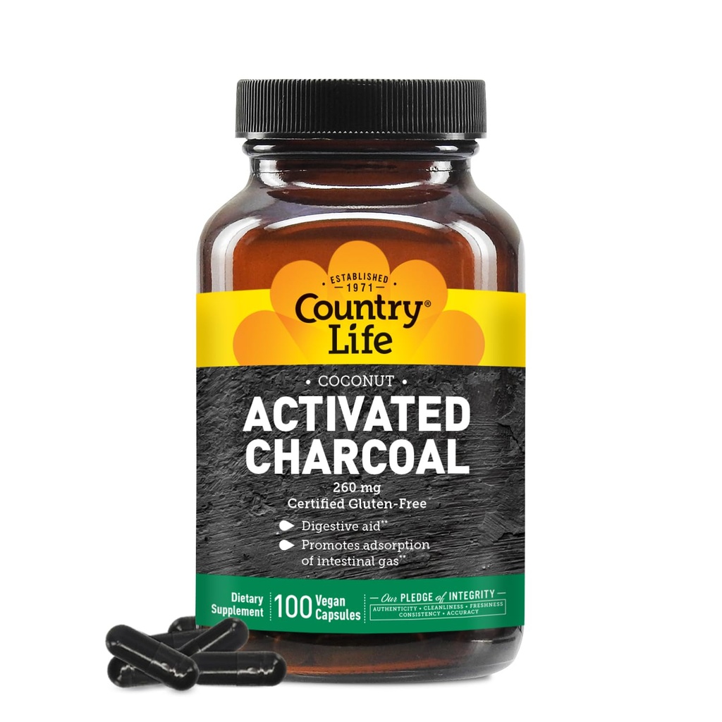 Country Life Capsules de charbon actif de coco, 260mg – Supplément de charbon naturel pour le gaz et le dégel - Sans gluten, 100 Capsules Vegan
