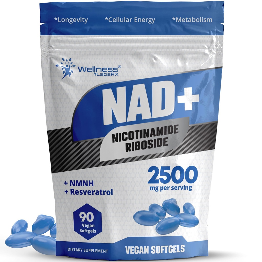WELLNESS LABSRX NAD+ Supplement - Third-Party Tested NMNH Supplement Softgels, NAD Resveratrol 2500mg NAD Supplements for Anti-Aging, Longevity, and Cellular Health Support - Made in USA