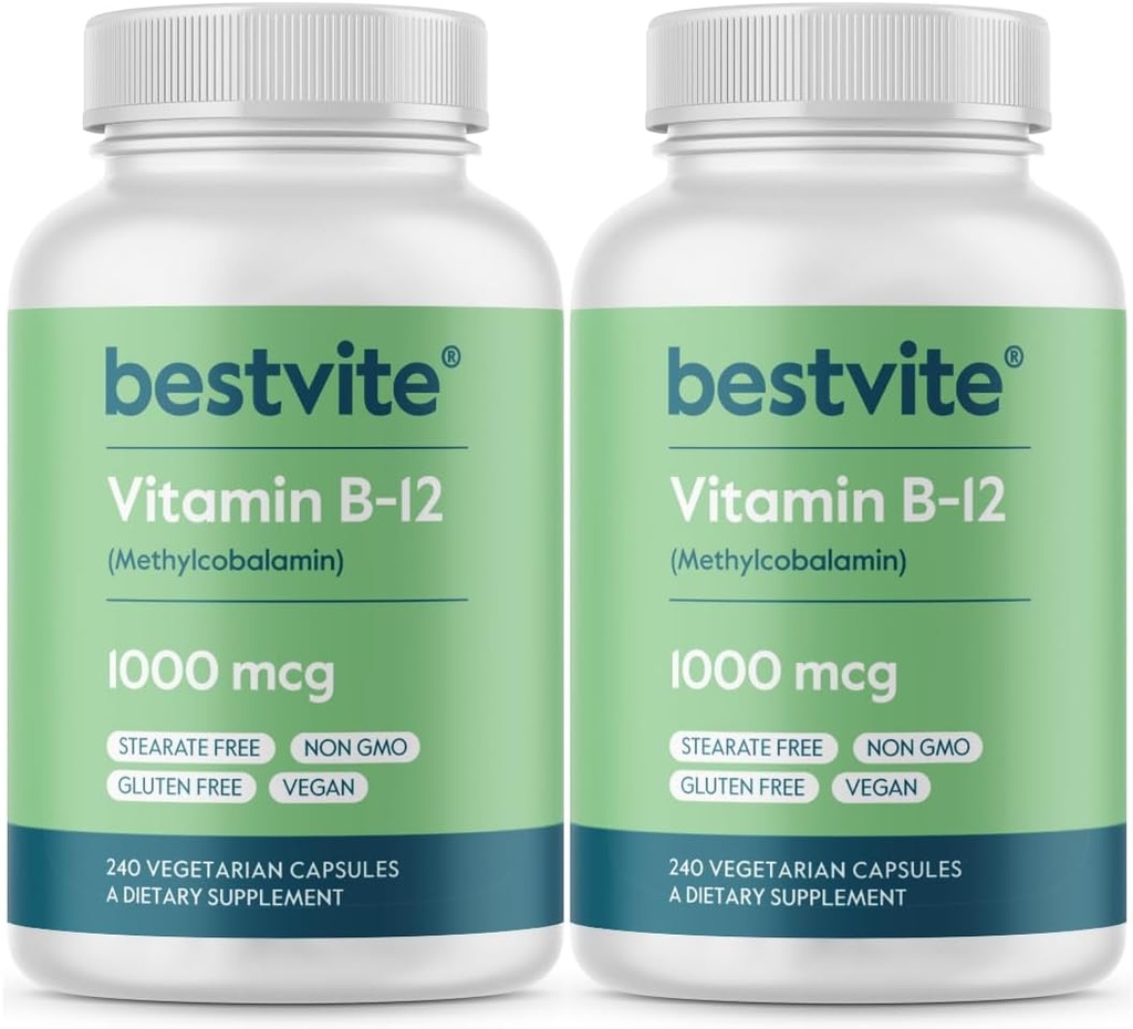 BESTVITE Vitamine B12 (méthylcobalamine) 1000 mcg (480 capsules végétariennes)(2 x 240) (méthyl B12) - Pas de stéarates - Vegan - Non OGM - Sans gluten