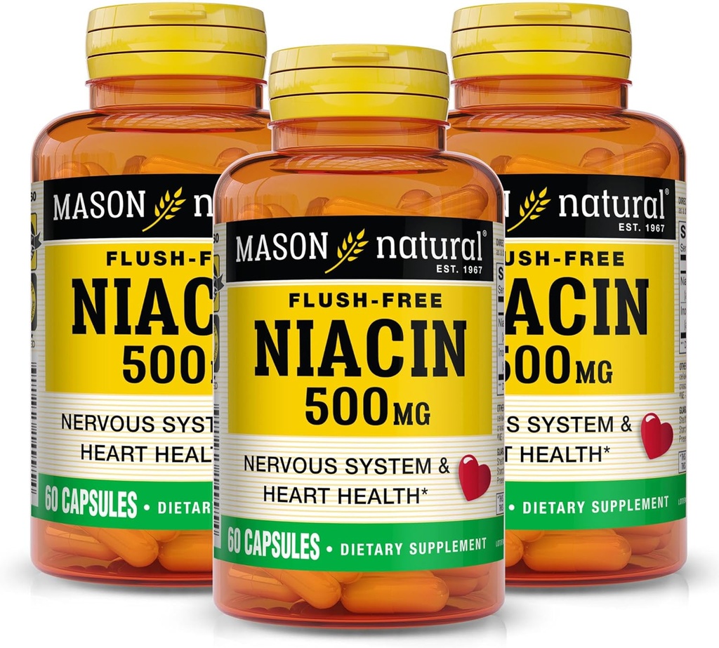 MASON NATURAL Niacin 500 mg Flush-Free, unterstützt Herzgesundheit, Nervous System & Energieproduktion, 60 Kapseln, Packung von 3