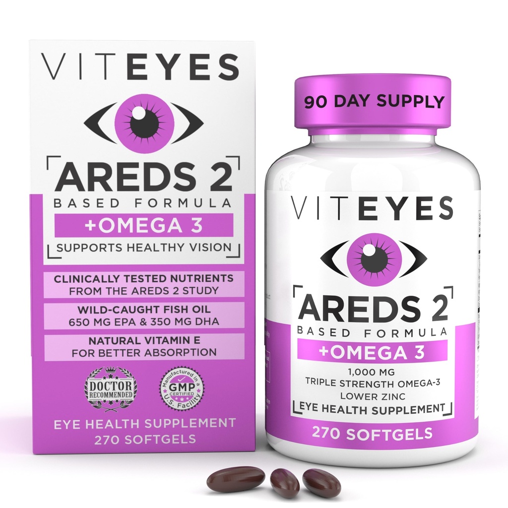 Viteyes AREDS 2 + Omega-3 Support Maculaire Softgels, Plus Triple Strength Omega-3 (650 mg EPA, 350 mg DHA) pour la santé du coeur et des yeux, Vitamines oculaires, Supplément Vision, 270 Softgels