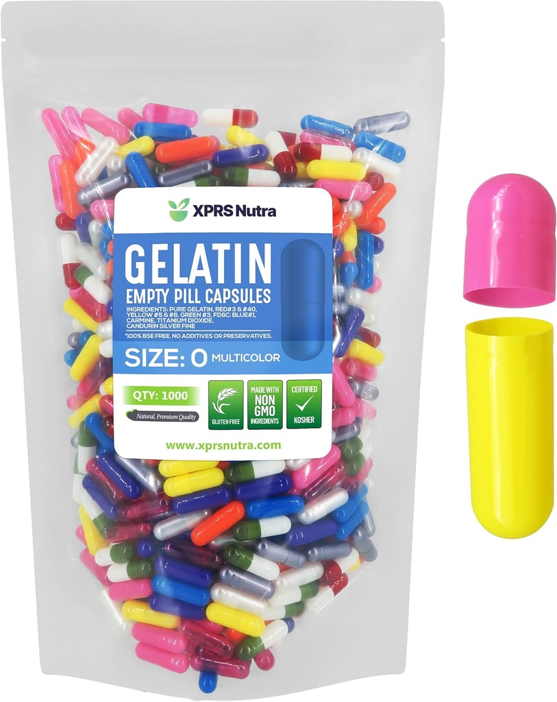 XPRS Nutra Taille 0 Capsules vides - 1000 Capsules de gélatine vides de compte - Pills Bricolage Capsule Remplissage - Pure Pilule à Pilule pour Suppléments Do-It-Youlf (Multi Color)