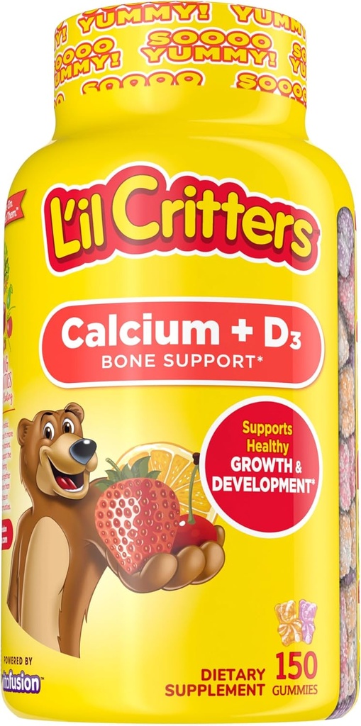 L’il Critters Kalzium + D3 Tägliche Gummy Ergänzung für Kinder, für Knochen Unterstützung, Orange, Erdbeere und Kirschen Flavors, 150 Gummies
