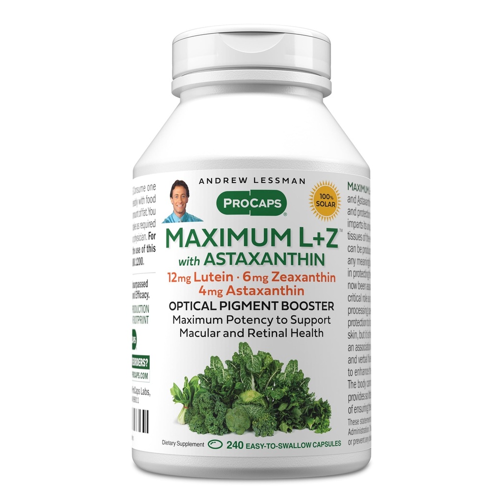 ANDREW LESSMAN Maximum L+Z mit Astaxanthin 240 Softgels - 12mg Lutein, 6mg Zeaxanthin, 4mg Astaxanthin. Hauptnährstoffe zur Unterstützung von Augen- und Gehirngesundheit und zur Förderung gesunder Vision.