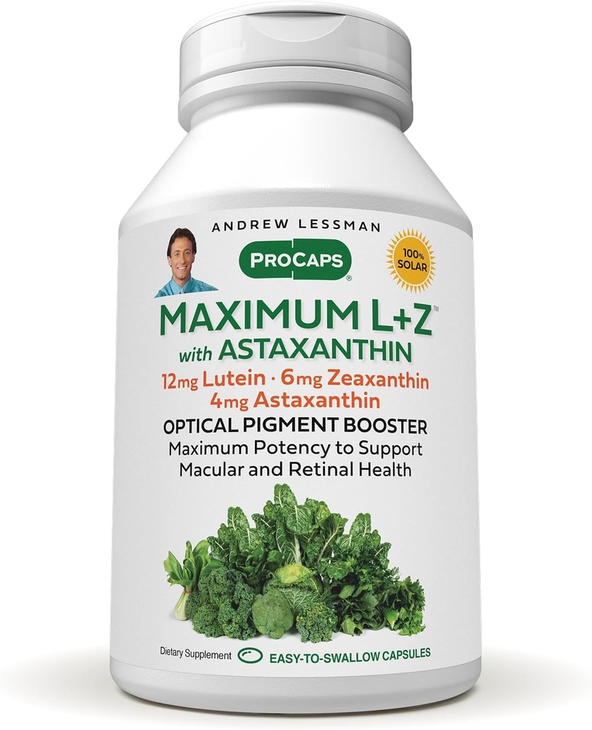 ANDREW LESSMAN Maximum L+Z mit Astaxanthin 240 Softgels - 12mg Lutein, 6mg Zeaxanthin, 4mg Astaxanthin. Hauptnährstoffe zur Unterstützung von Augen- und Gehirngesundheit und zur Förderung gesunder Vision.