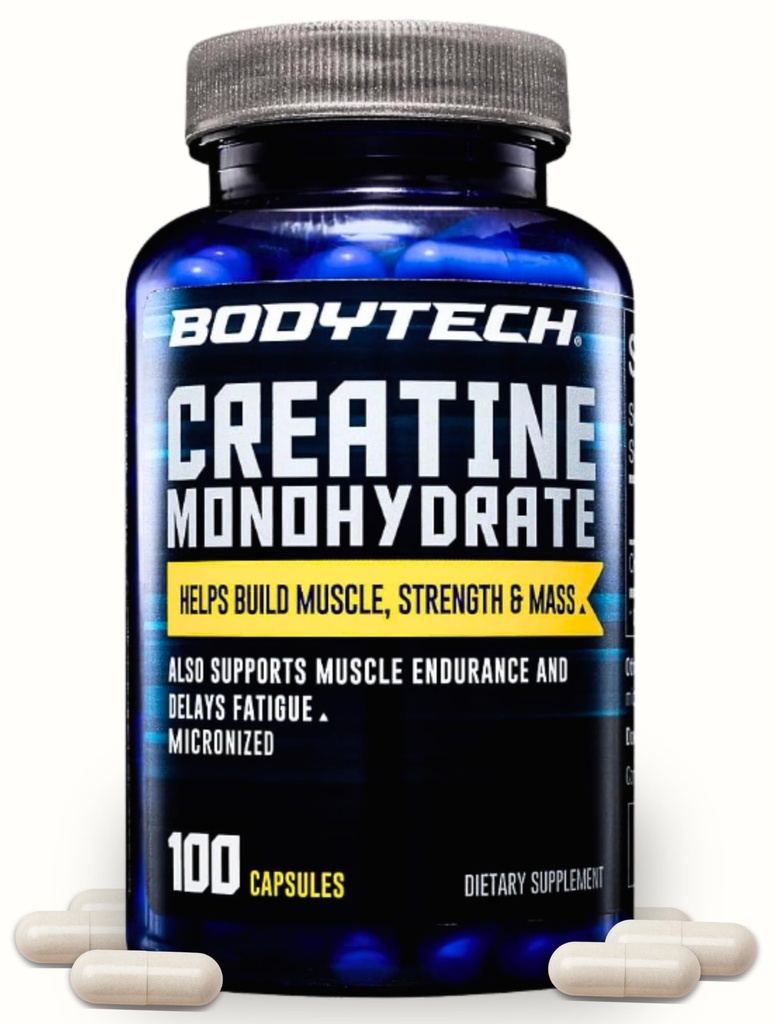 BODYTECH Capsules monohydratées de créatine a Micronised a Supporte la force musculaire, la masse et l'endurance (100 Capsules)