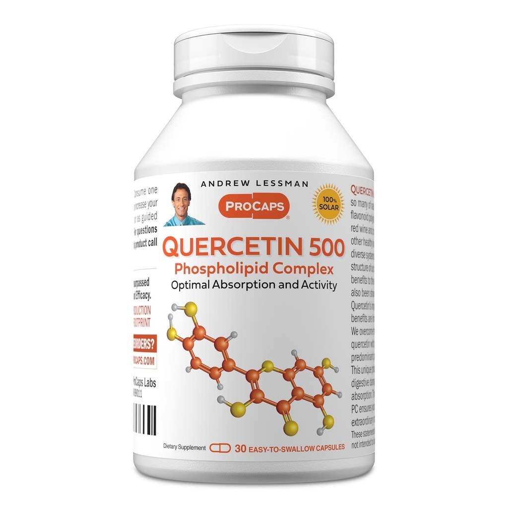 ANDREW LESSMAN Quercetin 500mg - 30 Capsules - 500 mg Unique Quercetin Phospholipide complexe, formule hautement absorbante pour soutenir le coeur sain, la circulation et la fonction immunitaire. Pas d'additifs.