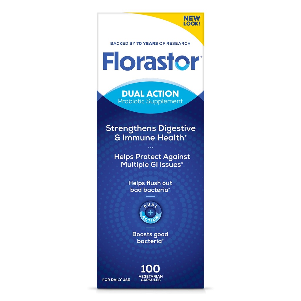 Probiotiques Florastor pour la santé digestive et immunitaire, 100 Capsules, Probiotiques pour les femmes et les hommes, aide à rincer les mauvaises bactéries, stimule le bien avec notre souche unique Saccharomyces Boulardii
