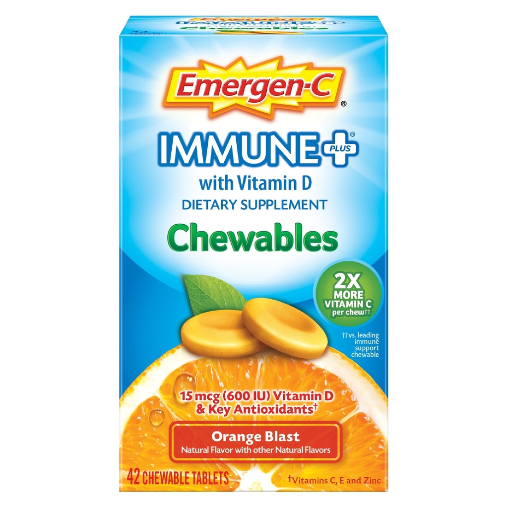 Emergen-C Immune+ Chewables 1000mg Vitamin C mit Vitamin D Tablet, Immununterstützung Nahrungsergänzungsmittel für Immunität, Orange Blast Flavor, Zurück zu Schule Essentials - 42 Count