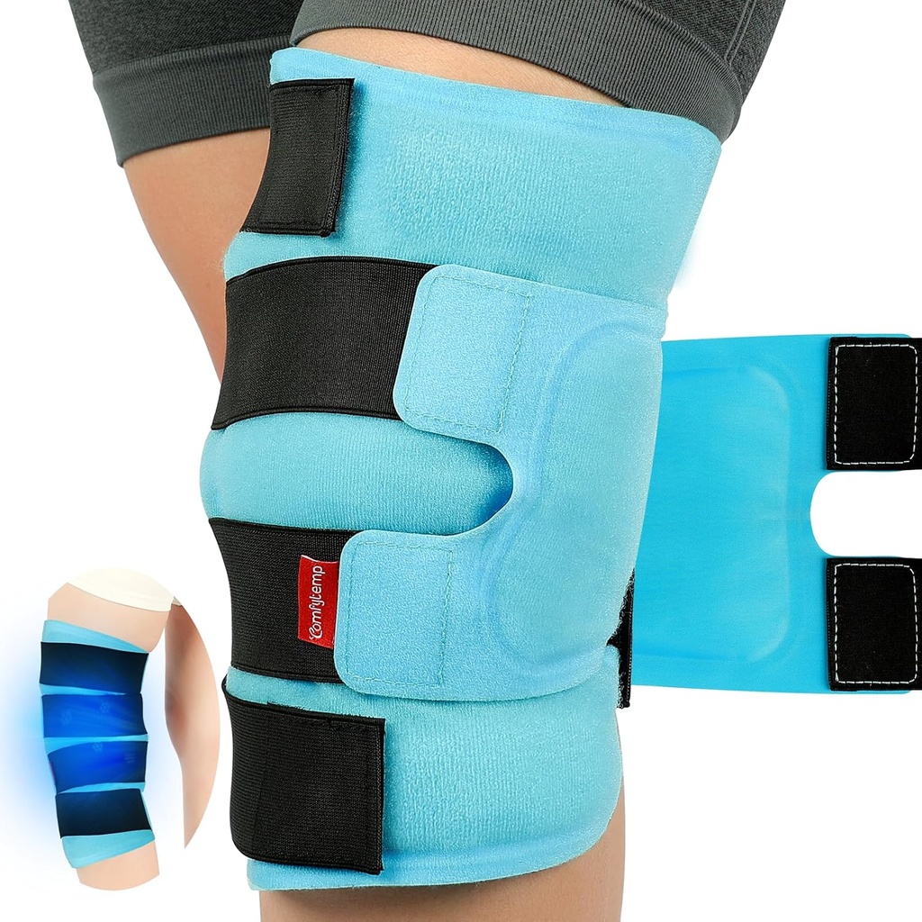 Comfytemp Grand Knee Ice Pack Gel réutilisable, couverture complète Knee Cold Compression Brace pour blessures, soulagement de la douleur, récupération de remplacement, arthrite, ACL, après chirurgie Obtenez bien cadeau, 23,6"x11.8"