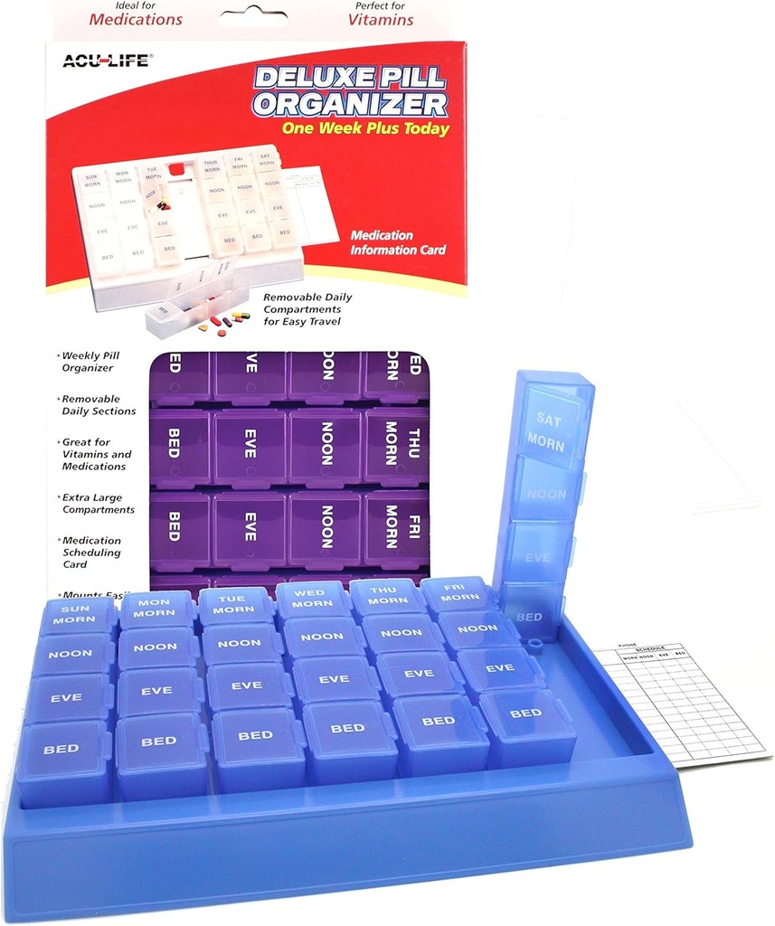 Acu-Life Weekly (7 jours) Cas de pilule, planificateur de médicaments, organisateur de vitamines, compartiments pop-out, 4 fois par jour, facile à utiliser, couleur mai vary, sans BPA