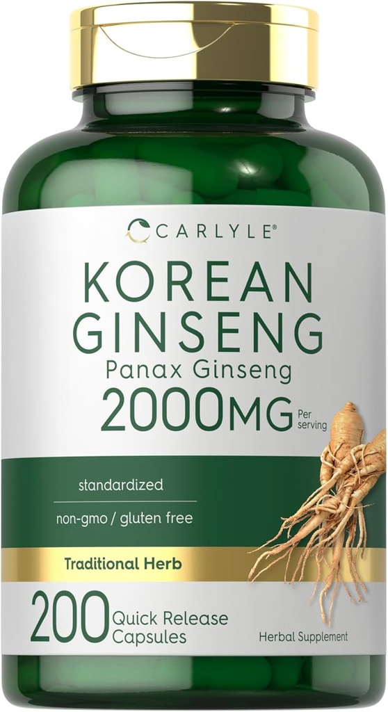 Carlyle Korean Ginseng Extrakt Kapseln 2000 mg | 200 Kapseln | Non-GMO und glutenfreie Formel | Standardisierte Panax Ginseng Supplement