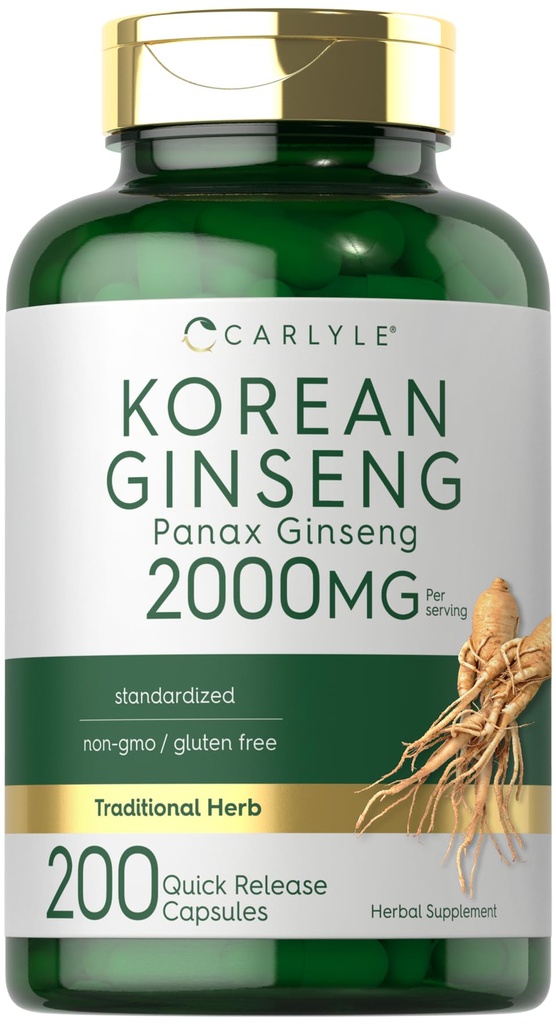 Carlyle Korean Ginseng Extrakt Kapseln 2000 mg | 200 Kapseln | Non-GMO und glutenfreie Formel | Standardisierte Panax Ginseng Supplement