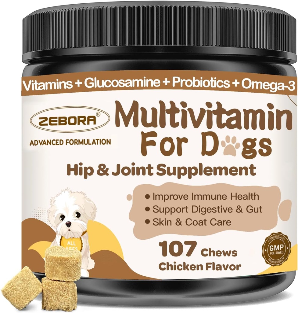 Dog Multivitamin with Minerals for Overall Health - Dog Vitamins and Supplements with Glucosamine, Probiotics for Puppy & Senior Dogs with Minerals - Omega 3 Fish Oil for Skin & Coat - 107 Chews