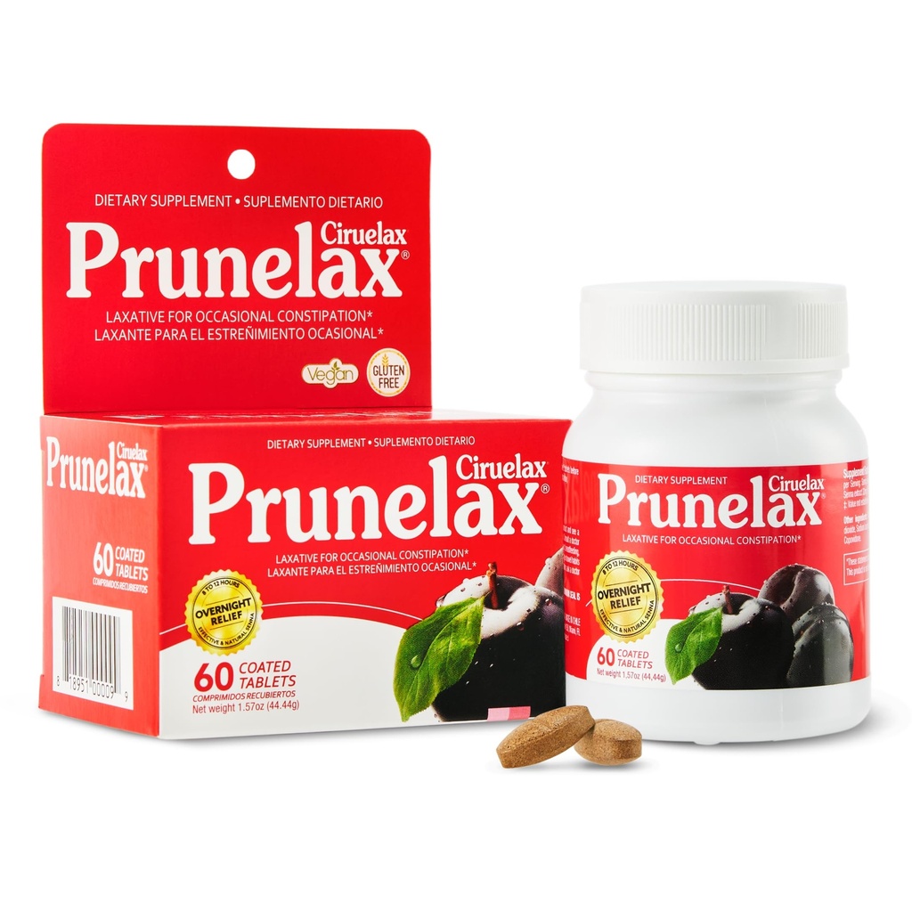 Prunelax Ciruelax Regelmäßige Stärke Laxative Tabletten - Übernachten Relief für okzionale Verstopfung, Senna Extract, Vegan & Glutenfrei, Fast-Acting Gentle Relief - 60ct