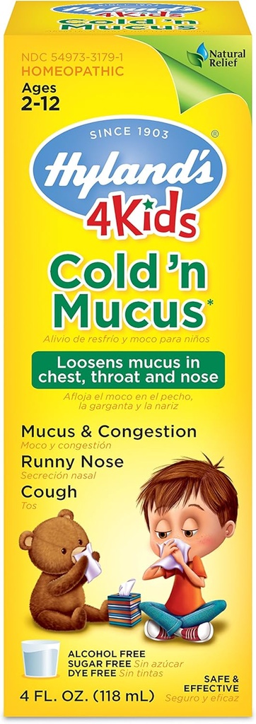 Hyland's Cold Medicine for Kids 2 ans et plus, Cold 'n Mucus Relief Liquid, Natural Relief of Mucus and Congestion, Runny Nez, Toux, 4 Onces
