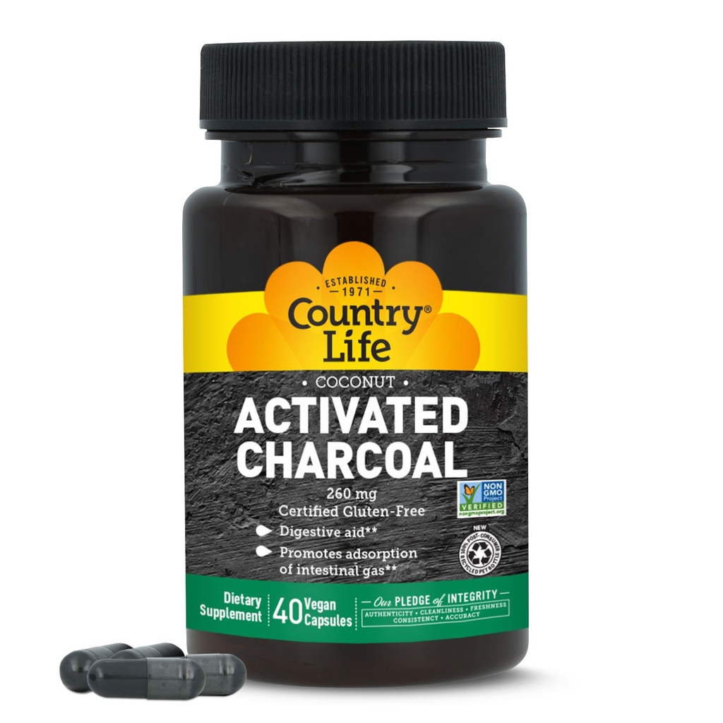 Country Life Capsules de charbon de coco activées, 260mg – Supplément de charbon naturel pour le gaz et le dégel - Sans gluten, 40 capsules végétaliennes