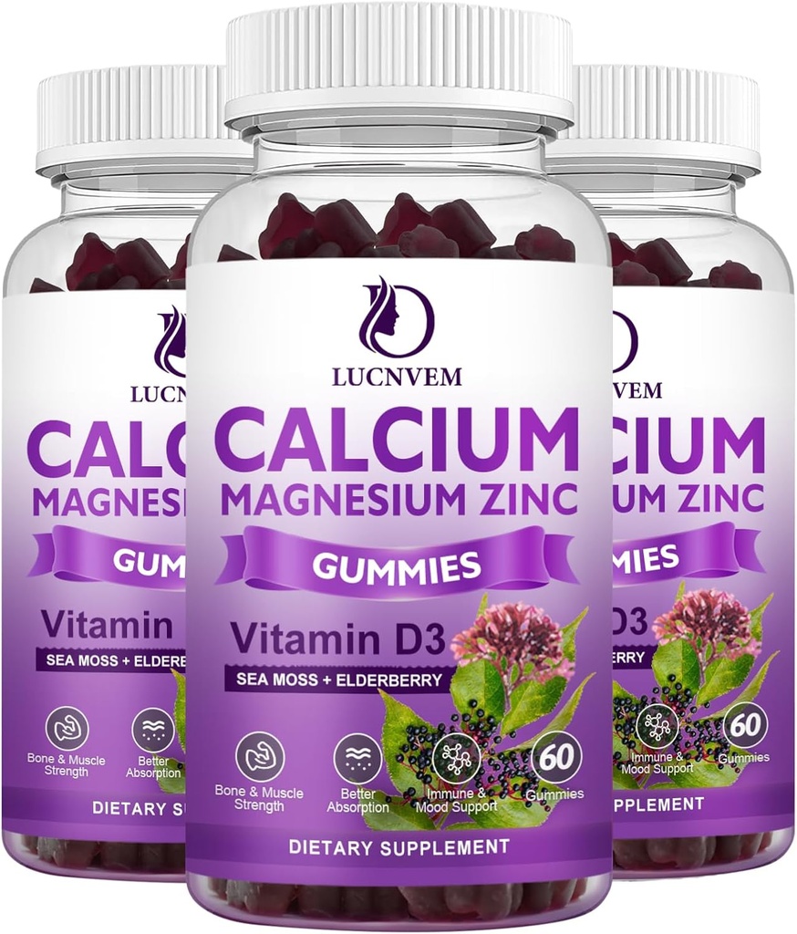 Calcium Magnesium Zink-Gummien Witn Elderberry und Sea Moss, Calcium Magnesium 2:1, Enthält Magnesium-Glycinat, Vitamin D3, für Knochen, Muskeln, Kalm Mood & Sleep Support , 60 Gummies(3 Packungen)