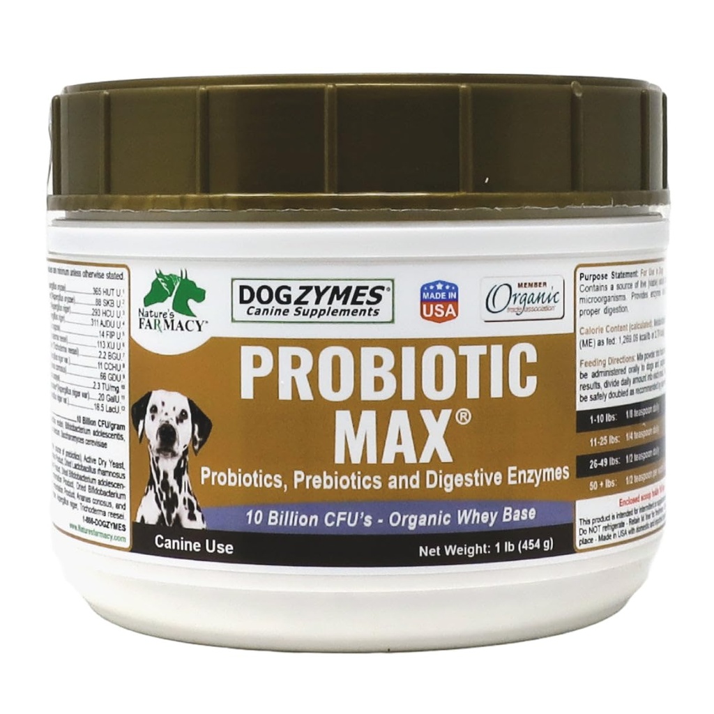 Dogzymes Probiotic Max -10 Billion CFU's Probiotics, Prebiotics, Digestive Enzyme - Relieves Diarrhea, Upset Stomach, Constipation, Gas, Allergy, Immunity & Overall Health 1 Pound