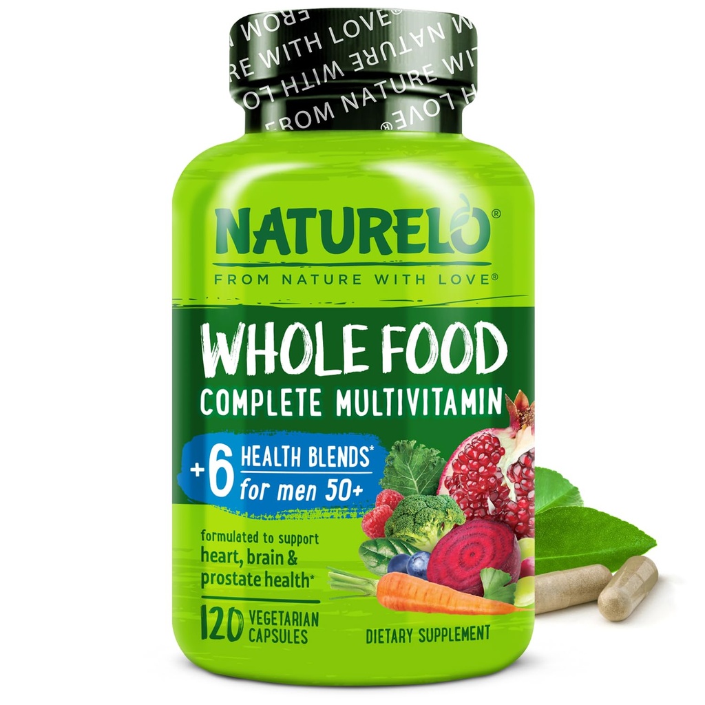 NATURELO Multivitamine d'aliments entiers pour les hommes 50+ - avec vitamines, minéraux, extraits de plantes organiques - Végétarien végétalien - pour l'énergie, le cerveau, le coeur et la santé des yeux - 120 Capsules