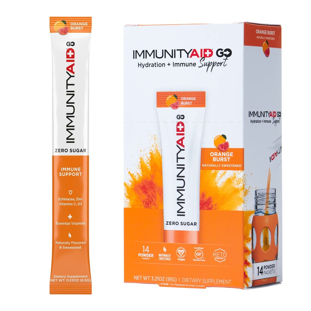 LIFEAID IMMUNITYAID GO! Zero Sugar Immunity + Hydration Packet, Vitamin C, Echinacea, Zink, Astragalus Root, Keto-freundlich, Vegan & Glutenfrei, 5 Kalorien, Natürlich gesüßt, Kein Koffein, 14 Packung