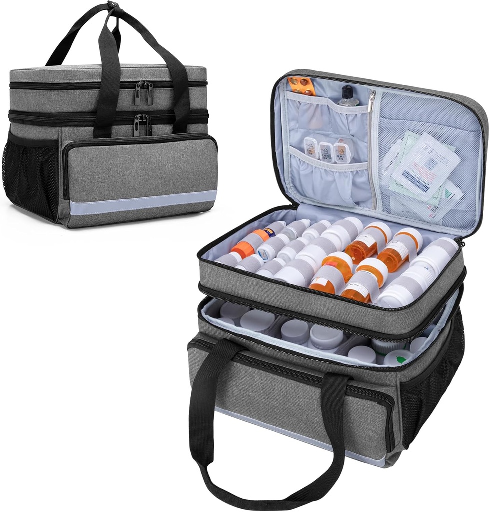 CURMIO Double Layers Pill Organizer Sac vide, organisateur de médicaments Case de rangement avec fermetures à glissière, Sac de voyage pour médicaments pour bouteilles d'ordonnance, fournitures médicales, gris (conception du brevet)
