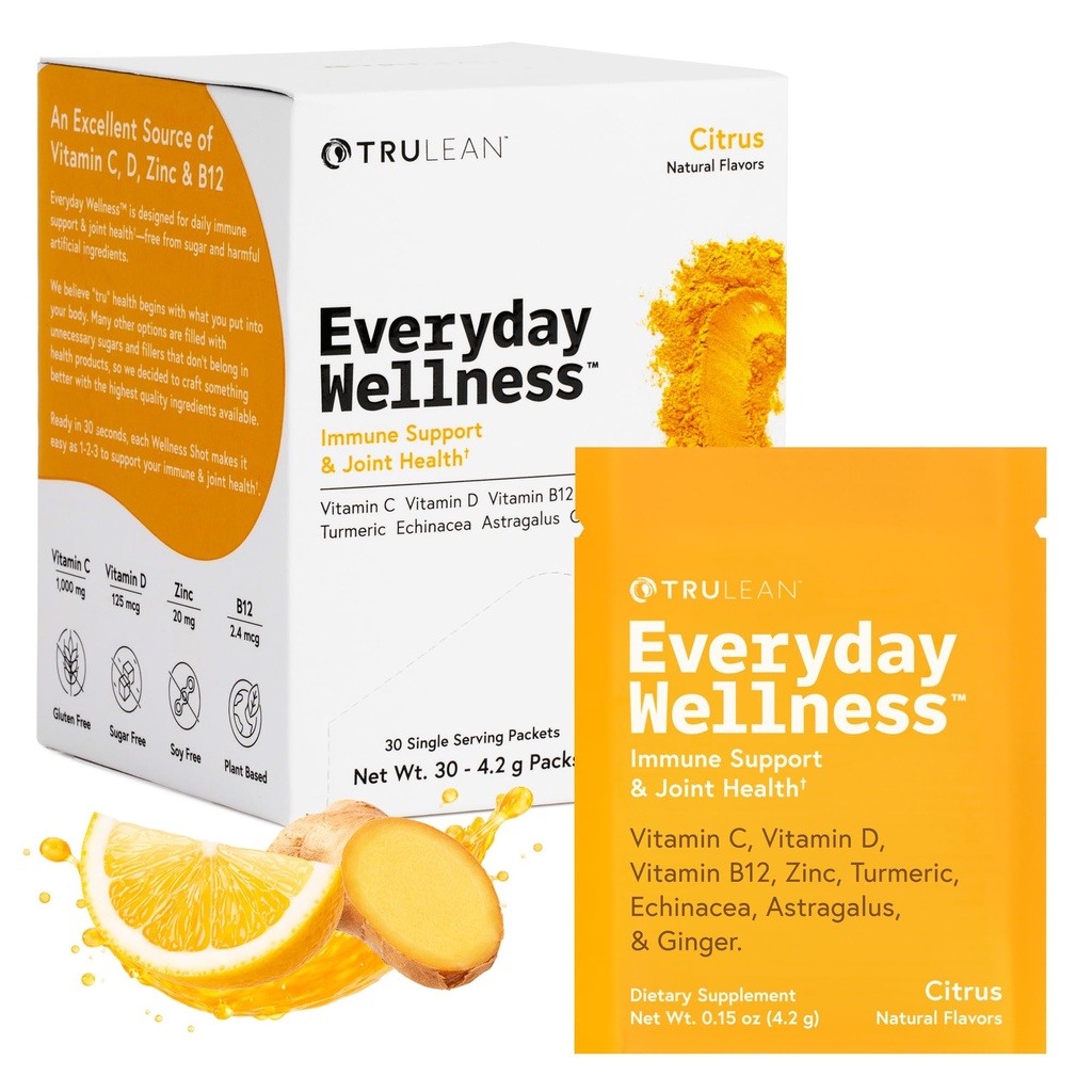 TRULEAN Alltag Wellness Shot Powder - Kurkuma, Ingwer, Vitamin C, Immunität & Immununterstützungsergänzung - Keine künstlichen Inhaltsstoffe, kein Zucker & Glutenfrei - 30 Packungen Citrus Flavor
