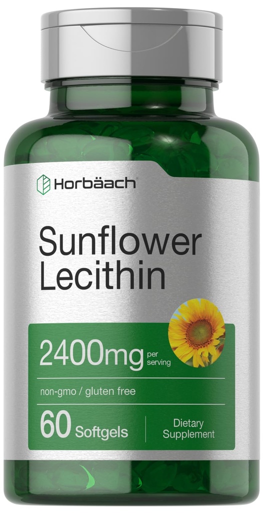 Horbäach Sonnenblume Lecithin Softgel Kapseln | 2400mg | 60 Pillen | Natürlich Phospholipide | Non-GMO, Glutenfreie Ergänzung