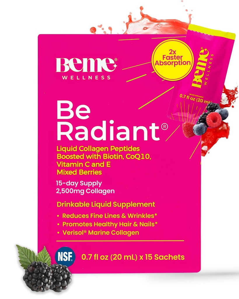 BeMe Peptide de collagène liquide BeRadiant pour cheveux, peau et ongles avec 2X Absorption plus rapide – testé cliniquement – suppléments de collagène hydrolysés Verisol 2500mg pour les femmes avec biotine, CoQ10 et vitamine C