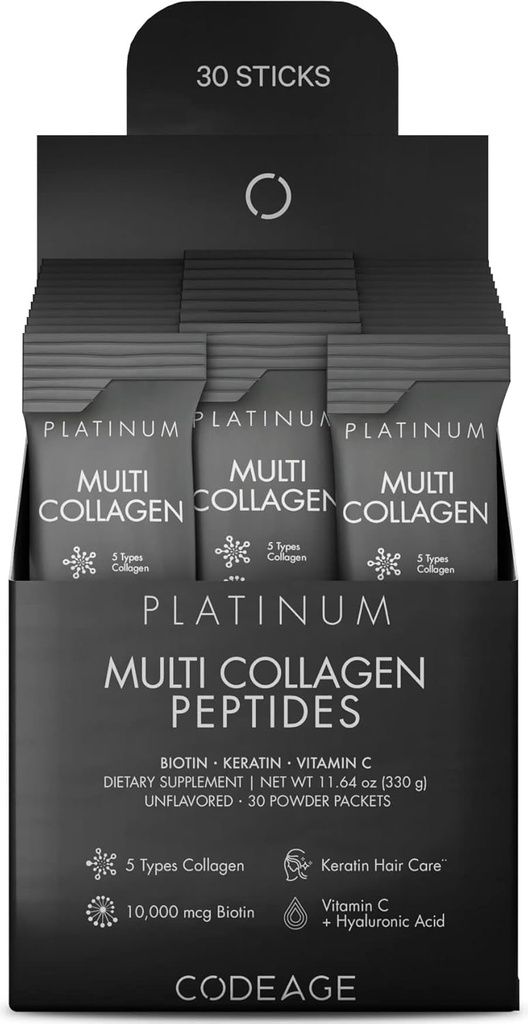 Codeage Multi Collagen und Biotin 10.000 mcg + Vitamin C, B6 & D3, Keratin, Hyaluronsäure, Niacin, 18 Aminosäuren - Stick Packs Supplement - 5 Arten Collagen Protein – 30 Pulver-Packets