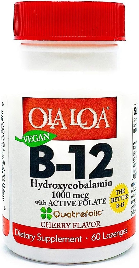 Ola Loa Vitamin B12 Sublingual Cherry Nahrungsergänzung - HydroxyCobalamin, Active Folate, Vegan Formel - Fördern Sie Ihre Körper Energie, Nerve und Gehirn Unterstützung - 60 Tabletten