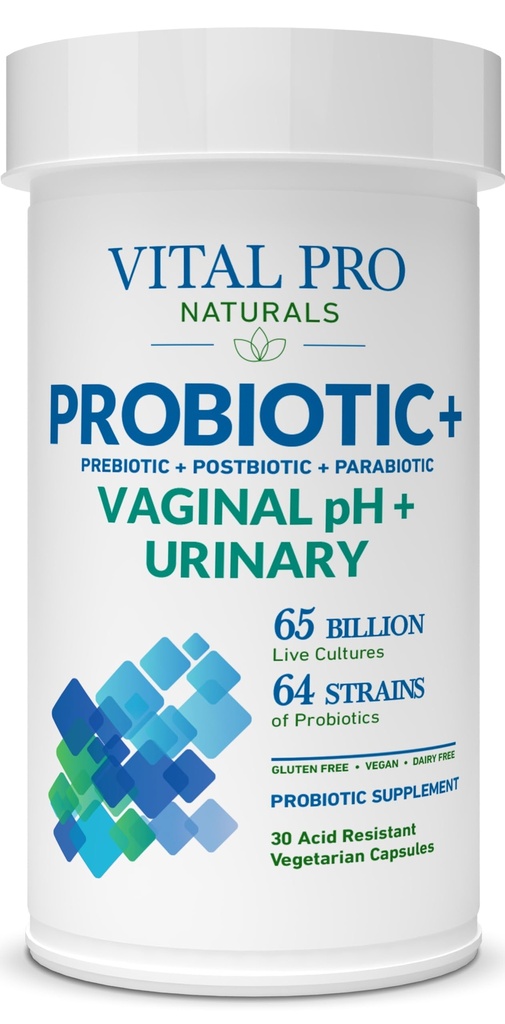 Vital Pro Naturals - pH vaginal et probiotiques urinaires + prébiotiques, postbiotiques, parabiotiques, supplément 4-en-1 pour les femmes, haute puissance, 64 souches, digestif, vaginal, urinaire, santé immunitaire, 30 ct