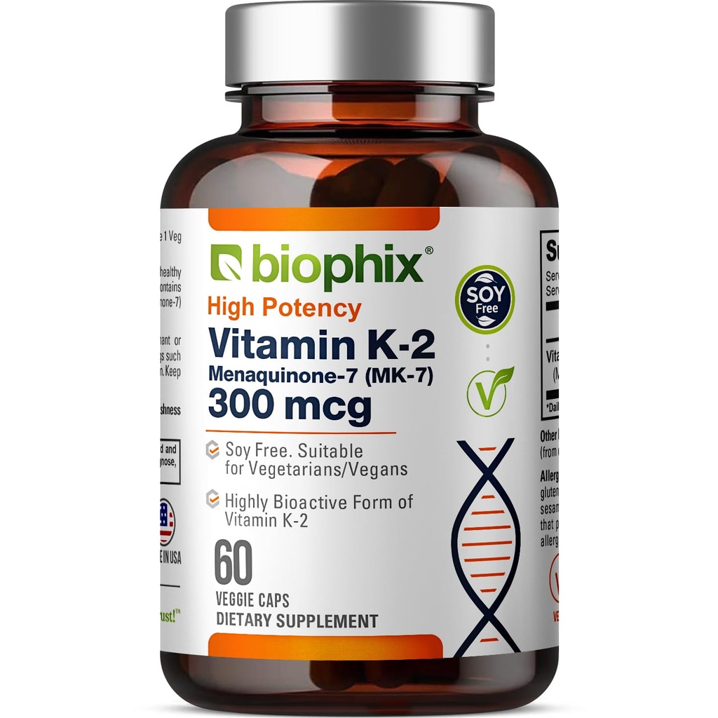 Biophix Vitamin K2 MK-7 300mcg, 60 Vegan Kapseln – Hochfeste Ergänzung für Knochenstärke und Immungesundheit