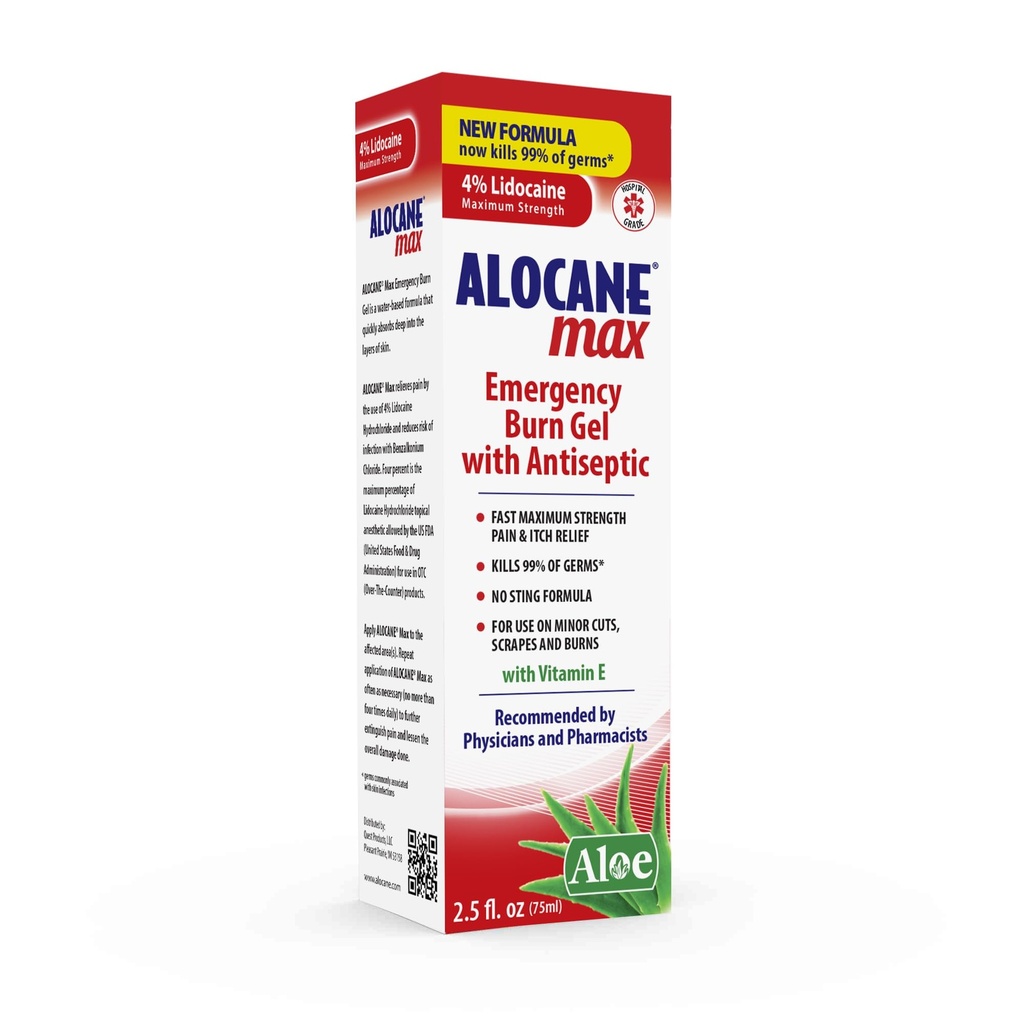 Alocane Max Emergency Burn Gel, 4% Lidocaine Hydrochlorid, Antiseptic Kills 99% von Germs, maximale Stärke Schmerz und Itch Relief, für Sunburns, Erste Hilfe Burn Gel mit Aloe Vera– 2,5 fl oz
