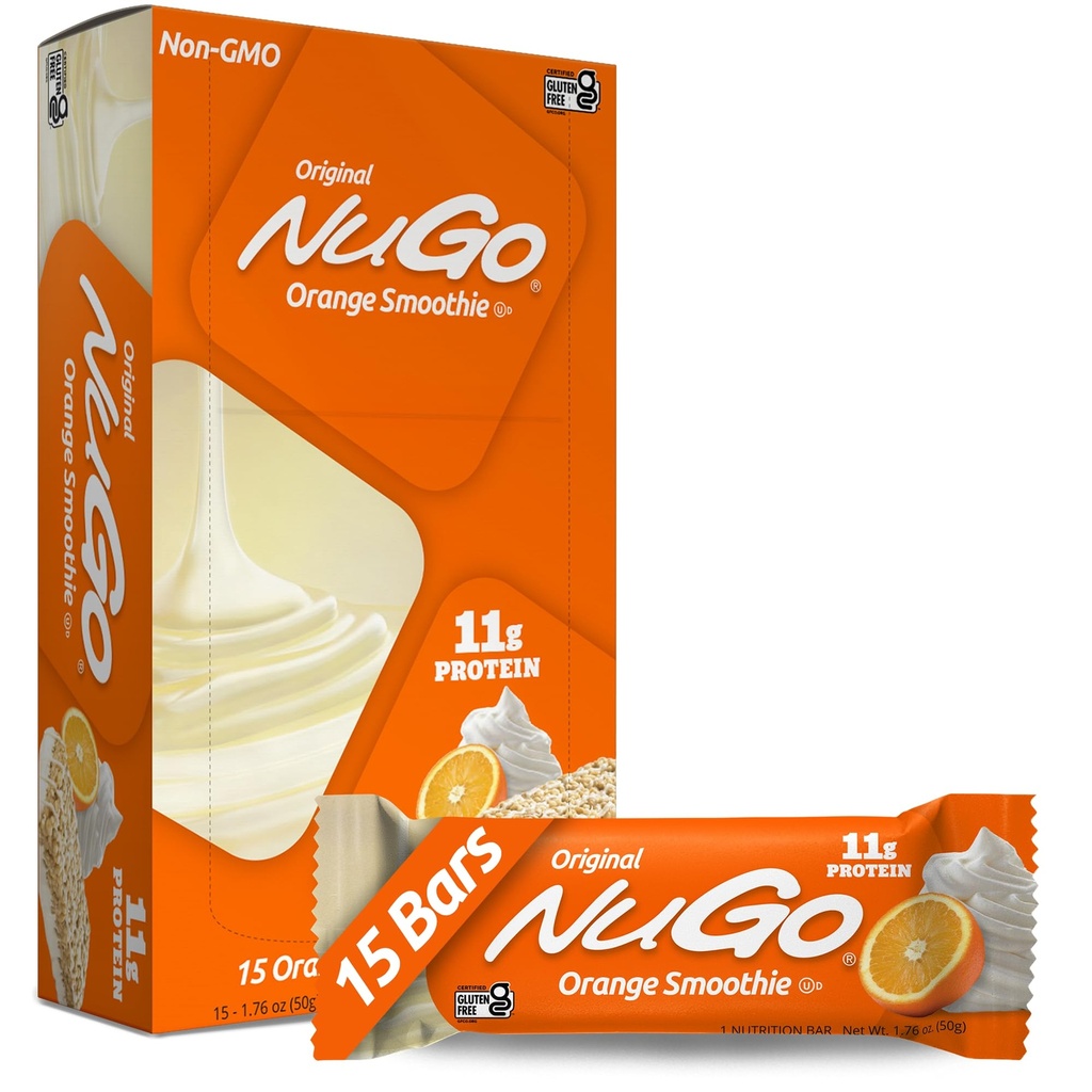 Barre de protéines NuGo, Smoothie orange, 11g de protéines, sans gluten, 15 Nombre