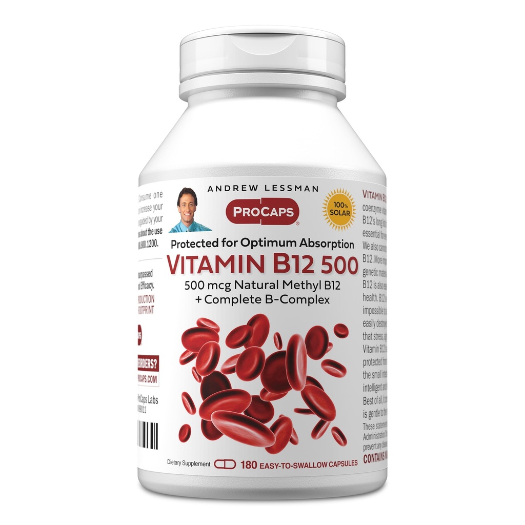 ANDREW MOINSMAN Vitamine B12 500 180 Capsules - Méthylcobalamine protégée par l'absorption (Coenzyme naturelle vitamine B12), essentielle pour le soutien de l'énergie et du stress, plus complexe B, capsules faciles à avaler