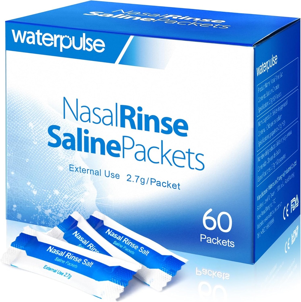 Waterpulse 60 Nasal Rinse Packets,Effective Neti Pot Salt Packets,Nasal Rinse Salt Packets Individuell Wrapped - Praktische Lösung für Sinusitis, Allergien und Kälteentlastung