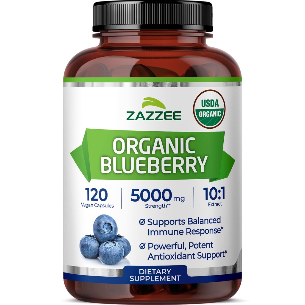 Zazze USDA Organic Blueberry 10:1 Extrakt, 5000 mg Stärke, 120 Vegan Kapseln, 4 Monate Versorgung, Konzentriert und Standardisiert 10X Ganze Frucht Extrakt, 100% Vegetarisch, Non-GMO, Made in USA