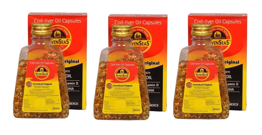 Seenseas Cod Liver Oil 500 Softgel Kapseln (Pack von 3) | 500 * 3=1500 Kapseln | Pure Vitamin Rich | Beste Immungesundheit, gesunde Knochen & Muskeln Nahrungsergänzung