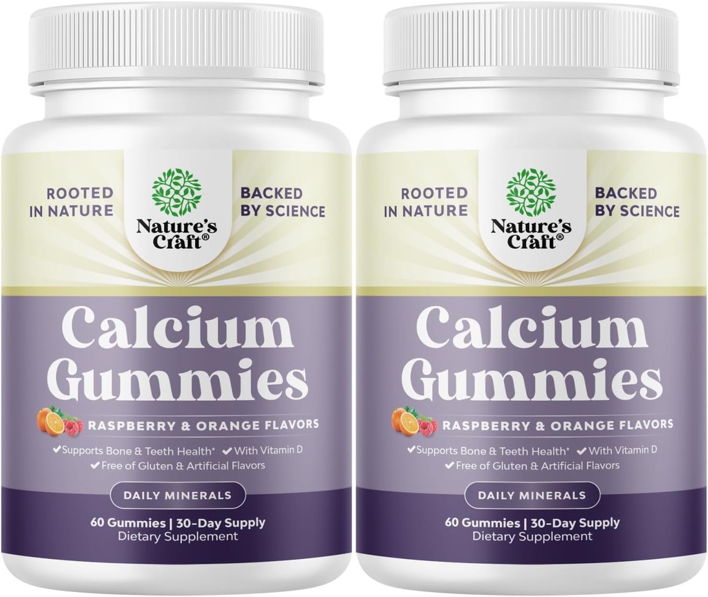 Natures Craft High Absorption Calcium Gummis mit Vitamin D3 - Delicious Calcium Gummis für Erwachsene - Kaubare und Vitamin D Ergänzung für Knochen Gesundheit und Immununterstützung Gelatin-Free 60ct (2 Pack)