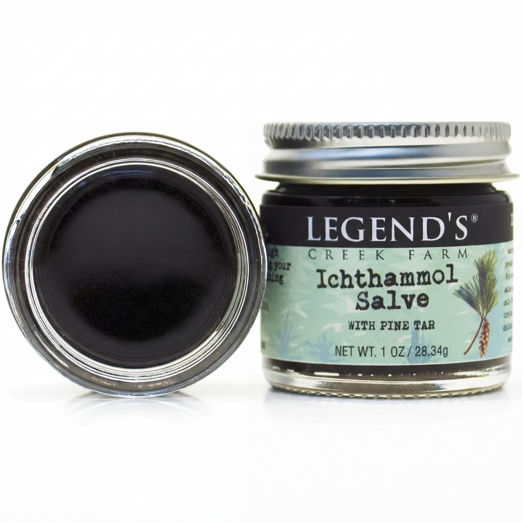 Salve à herbes de la ferme Legend's Creek - Onguent de guérison avec 20 % de sel de dessin d'Ichthammol - Baume naturel pour piques, et éperons - 1 oz - Fait à la main aux États-Unis (Tar de pin d'Ichthammol)