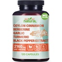 5-en-1 Capsules de cannelle de Ceylan biologique avec des pilules d'extrait de poivre noir berbère, ail, curcuma