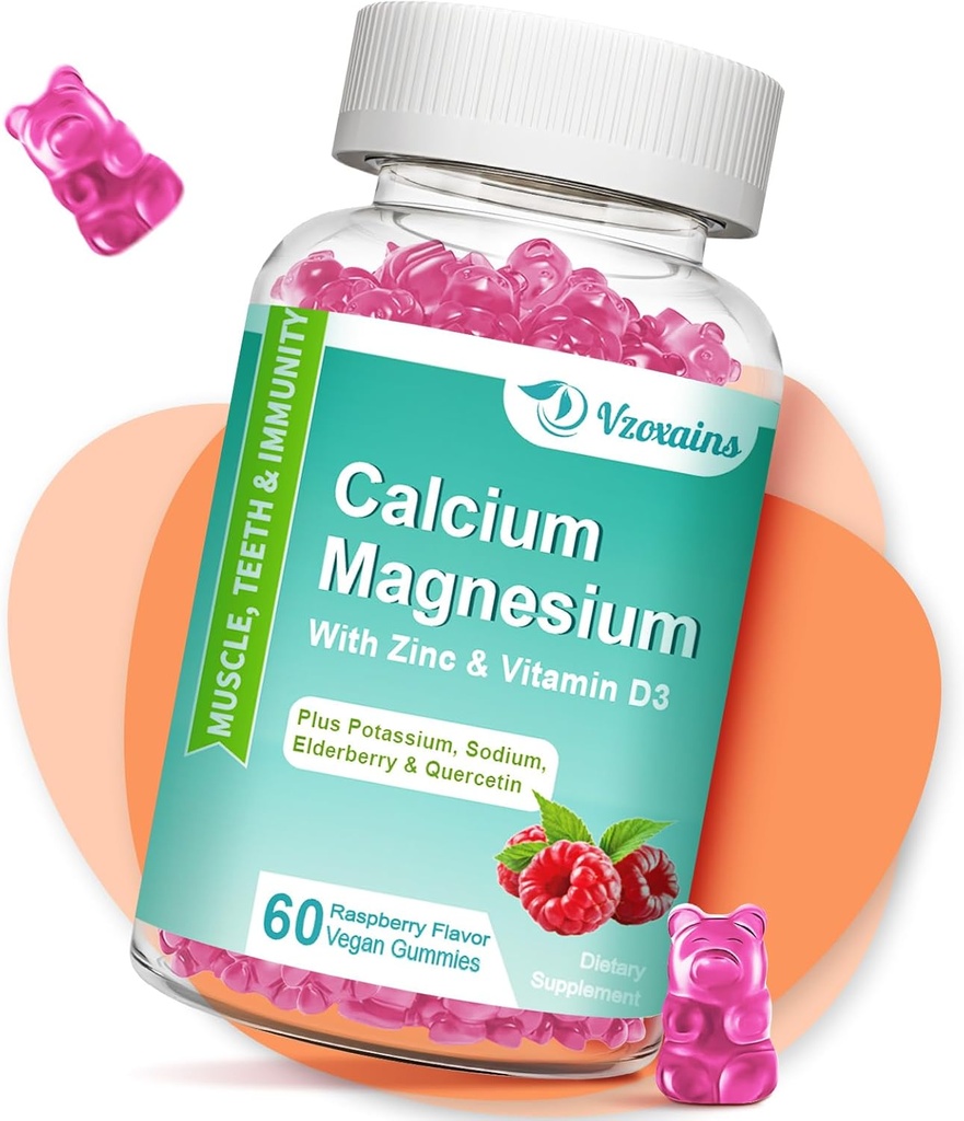 Hohe Absorption Calcium-Gummi, Calcium Magnesium Zink mit Magnesium-Glycinat, Kalium, Vitamin D3 für Frauen & Men- Raspberry Flavored 60 Cts