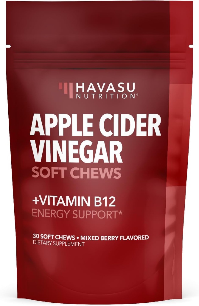 Apfelessigkäse mit Vitamin B12 und Folate - Bequeme ACV-Ergänzungen für Energie und Verdauungsgesundheit - 30 Count - Individuell Wrapped - Mixed Berry Flavor, Vegan - 1 Monat Versorgung