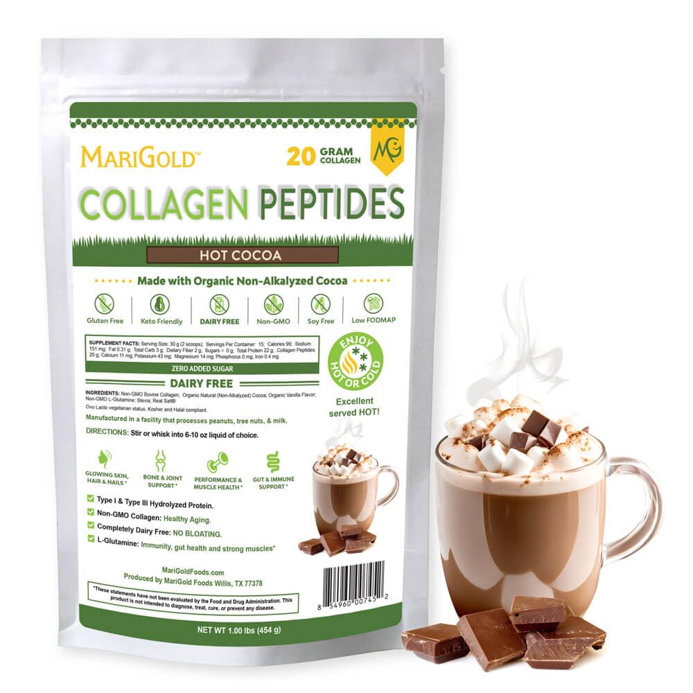 MariGold Gras gefüttert Collagen Peptide Pulver Hot Cocoa 1LB - 100% rein, Typ I & III Bovine hydrolysiertes Collagen, Non-GMO, Hormonfrei, Sojafrei, Glutenfrei, Dairy frei, Keto-Friendly
