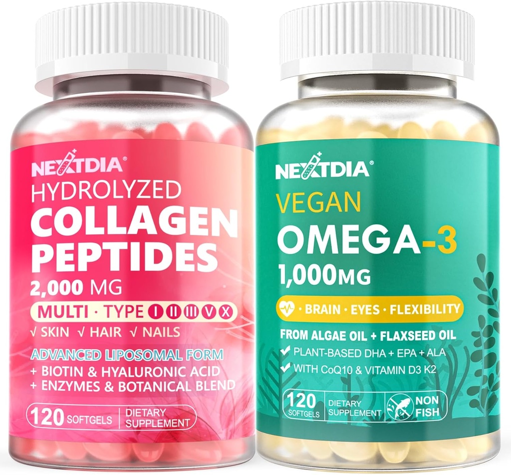 Pilules de Peptides de Collagène hydrolysées + supplément Oméga 3 végétalien avec vitamine D3 K2