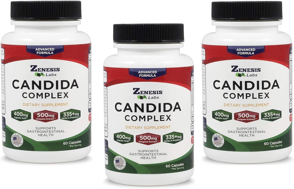Zenesis Labs Candida Complex Cleanse Detox Caprylic Acid Supplement, Oregano Extract, Probiotics, Enzymes - Bulk 180 Kapseln, 90 Tage Versorgung (60 Kapseln/Bottle)
